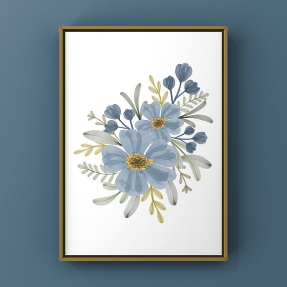 Modern minimalist boho watercolor blue floral wall art print for home decor - Picture 1 of 4